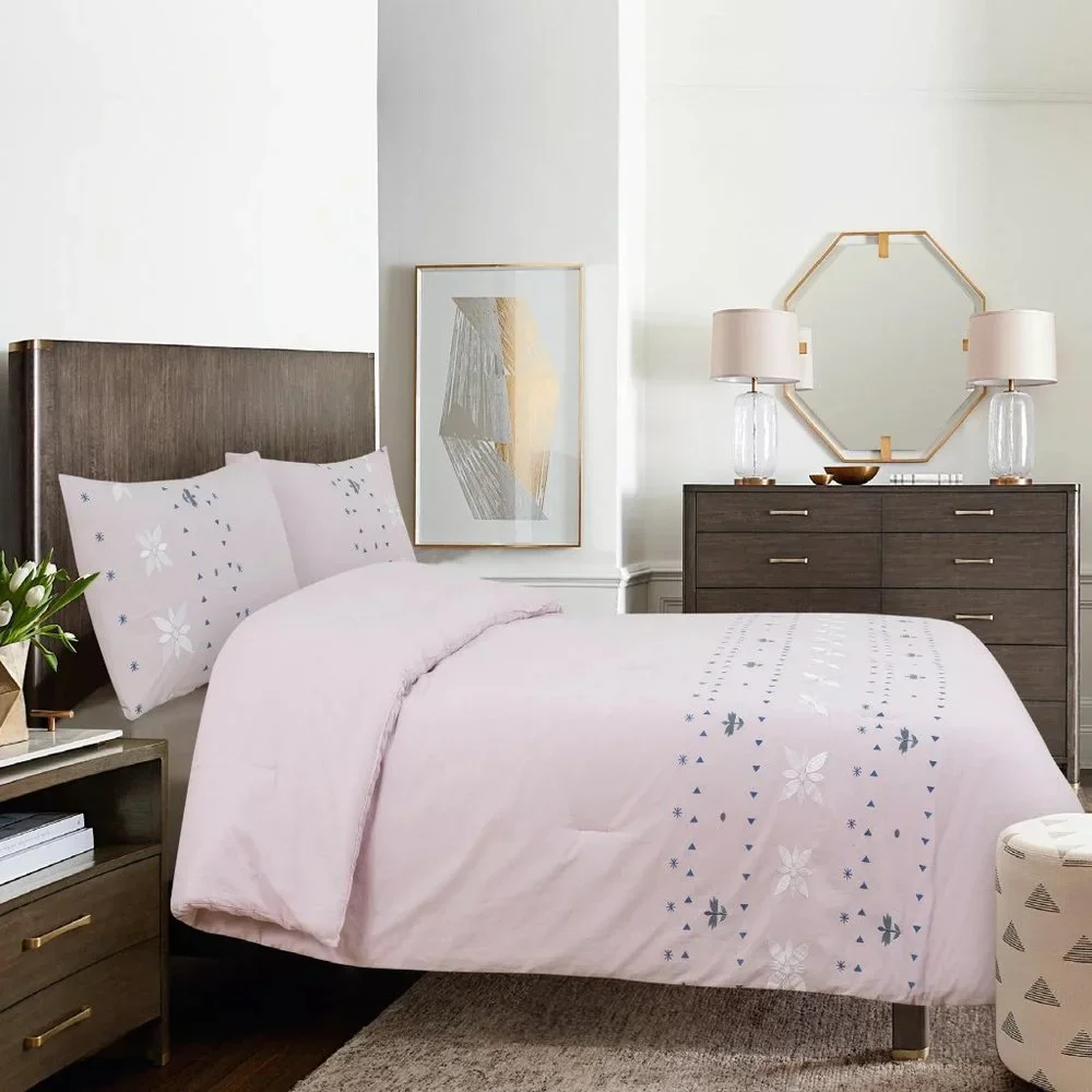 3-piece PINK Wild Sage Alana Embroidered Geometric FULL / QUEEN Duvet Cover Set